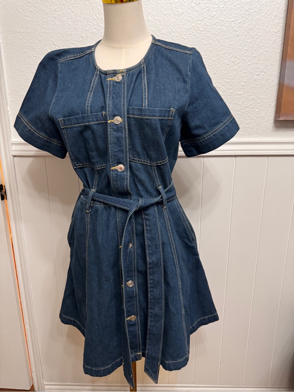 Dark Blue Denim Short-Sleeve Mini Dress with Tie Belt